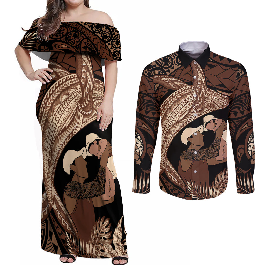 Father's Day Polynesian Pattern Couples Matching Off Shoulder Maxi Dress and Long Sleeve Button Shirt Tropical Humpback Whale LT7 Brown - Polynesian Pride