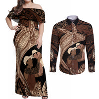 Father's Day Polynesian Pattern Couples Matching Off Shoulder Maxi Dress and Long Sleeve Button Shirt Tropical Humpback Whale