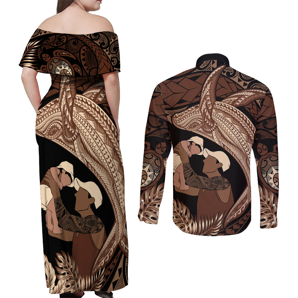 Father's Day Polynesian Pattern Couples Matching Off Shoulder Maxi Dress and Long Sleeve Button Shirt Tropical Humpback Whale