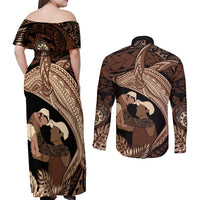 Father's Day Polynesian Pattern Couples Matching Off Shoulder Maxi Dress and Long Sleeve Button Shirt Tropical Humpback Whale