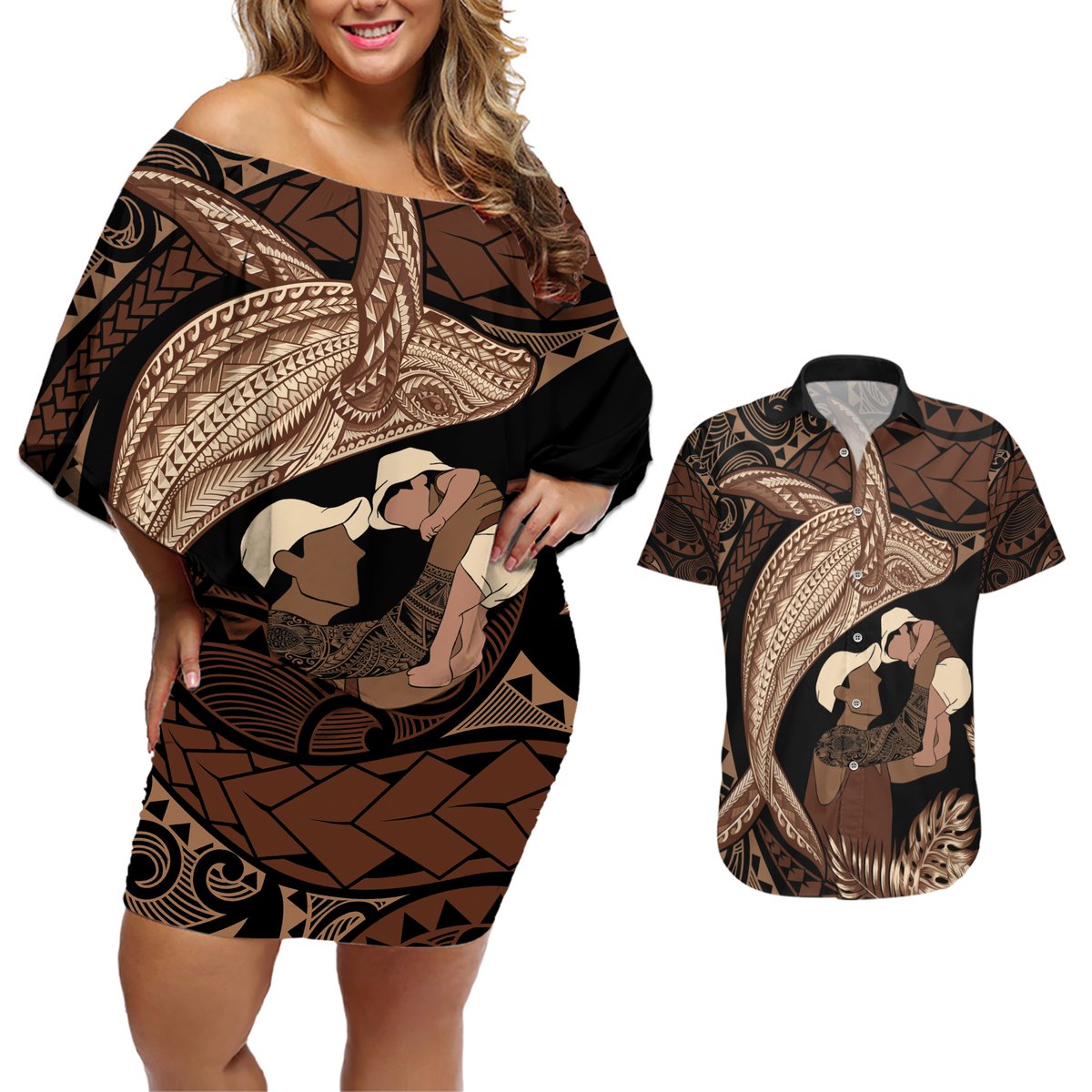 Father's Day Polynesian Pattern Couples Matching Off Shoulder Short Dress and Hawaiian Shirt Tropical Humpback Whale LT7 Brown - Polynesian Pride