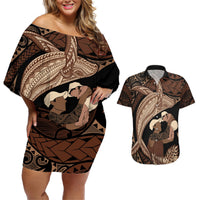 Father's Day Polynesian Pattern Couples Matching Off Shoulder Short Dress and Hawaiian Shirt Tropical Humpback Whale LT7 Brown - Polynesian Pride