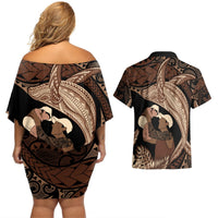 Father's Day Polynesian Pattern Couples Matching Off Shoulder Short Dress and Hawaiian Shirt Tropical Humpback Whale LT7 - Polynesian Pride