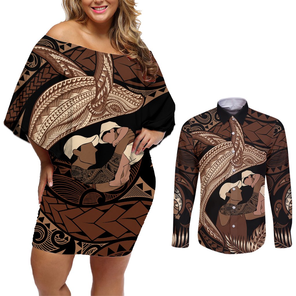 Father's Day Polynesian Pattern Couples Matching Off Shoulder Short Dress and Long Sleeve Button Shirt Tropical Humpback Whale LT7 Brown - Polynesian Pride
