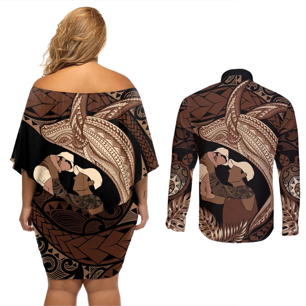Father's Day Polynesian Pattern Couples Matching Off Shoulder Short Dress and Long Sleeve Button Shirt Tropical Humpback Whale LT7 - Polynesian Pride