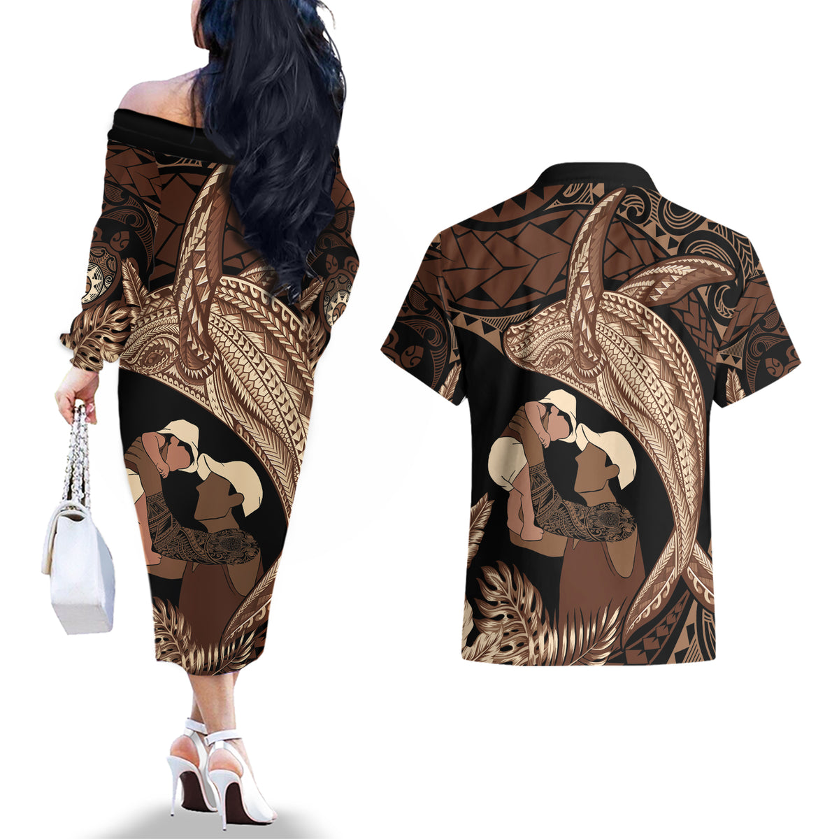 Father's Day Polynesian Pattern Couples Matching Off The Shoulder Long Sleeve Dress and Hawaiian Shirt Tropical Humpback Whale LT7 - Polynesian Pride