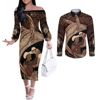 Father's Day Polynesian Pattern Couples Matching Off The Shoulder Long Sleeve Dress and Long Sleeve Button Shirt Tropical Humpback Whale LT7 Brown - Polynesian Pride
