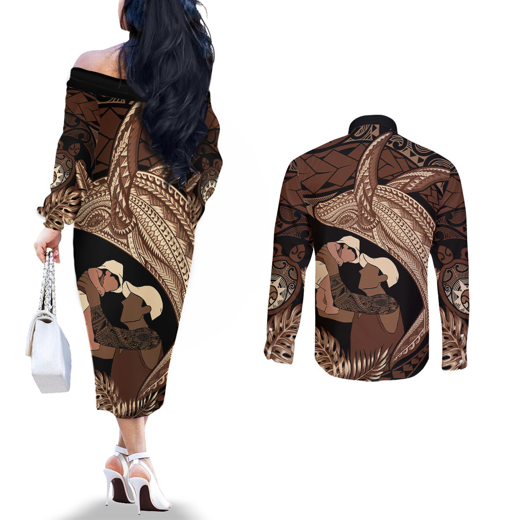 Father's Day Polynesian Pattern Couples Matching Off The Shoulder Long Sleeve Dress and Long Sleeve Button Shirt Tropical Humpback Whale LT7 - Polynesian Pride