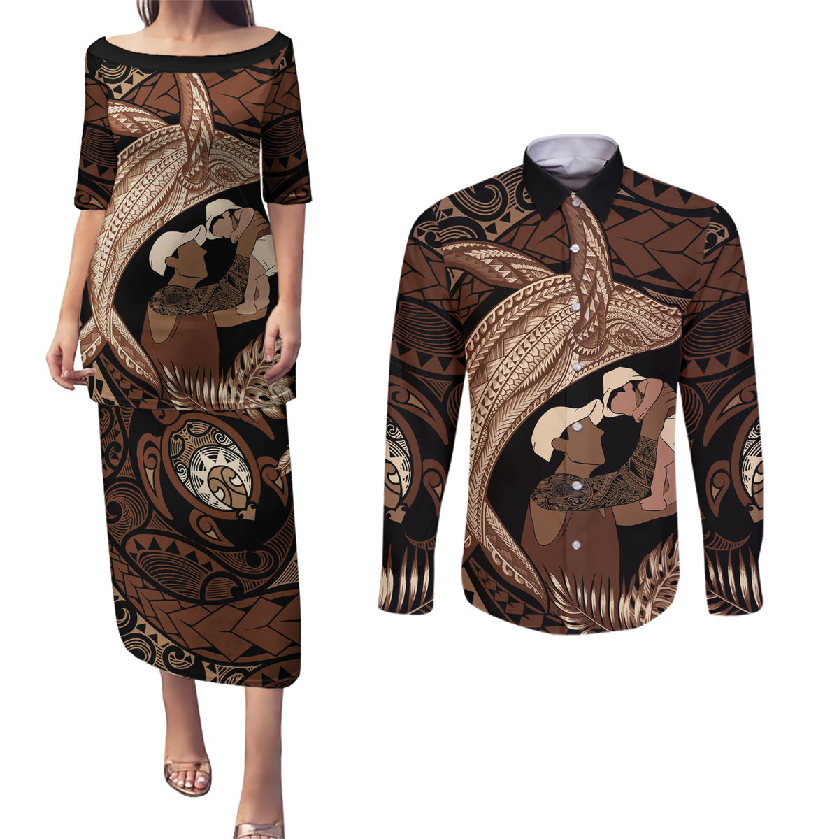 Father's Day Polynesian Pattern Couples Matching Puletasi and Long Sleeve Button Shirt Tropical Humpback Whale LT7 Brown - Polynesian Pride