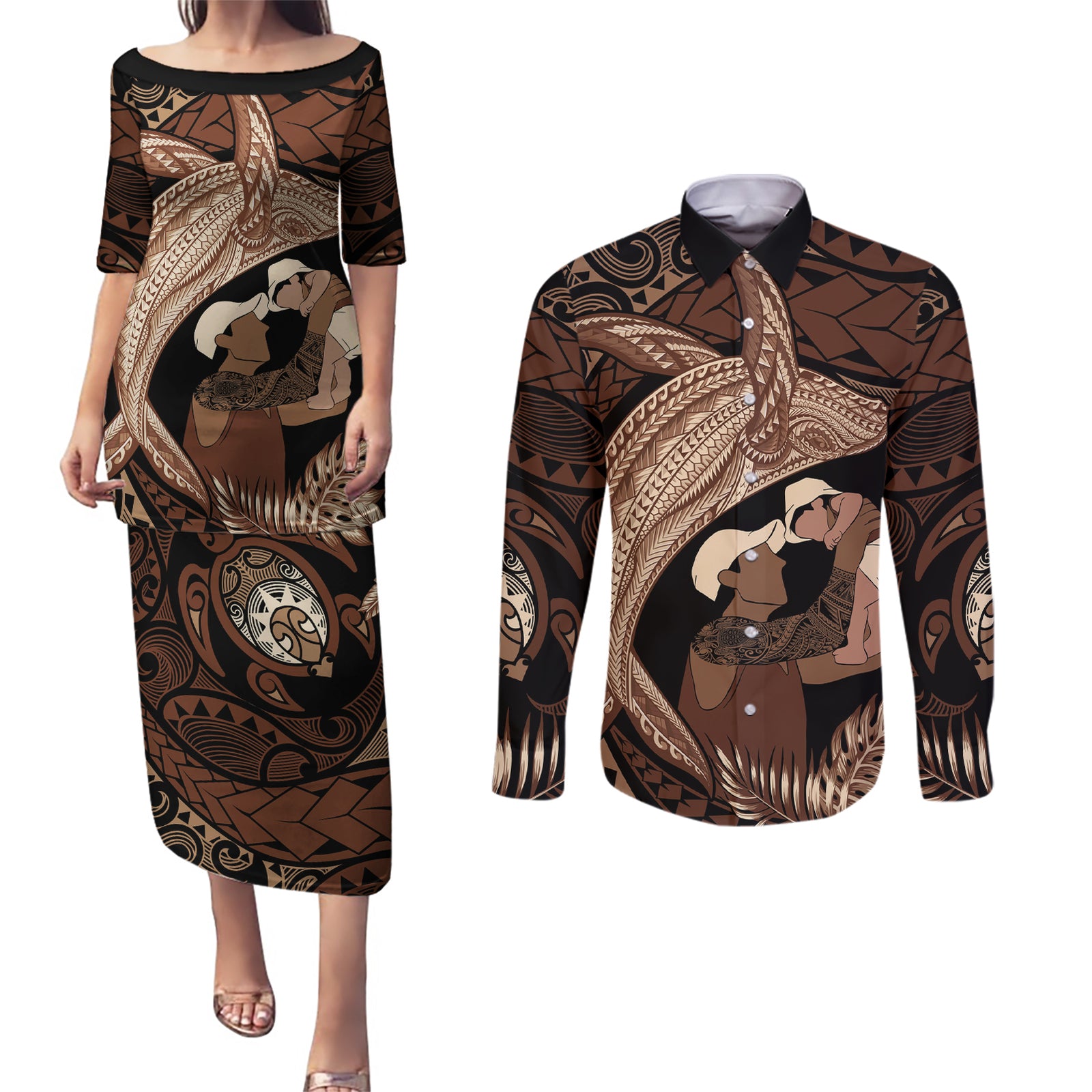 Father's Day Polynesian Pattern Couples Matching Puletasi and Long Sleeve Button Shirt Tropical Humpback Whale LT7 Brown - Polynesian Pride