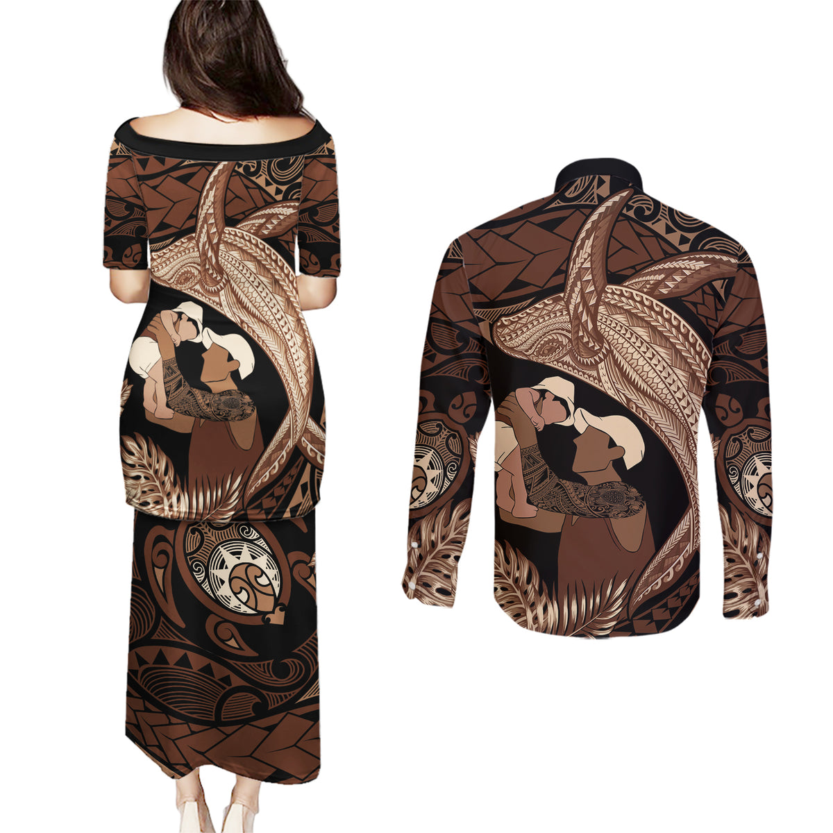 Father's Day Polynesian Pattern Couples Matching Puletasi and Long Sleeve Button Shirt Tropical Humpback Whale LT7 - Polynesian Pride