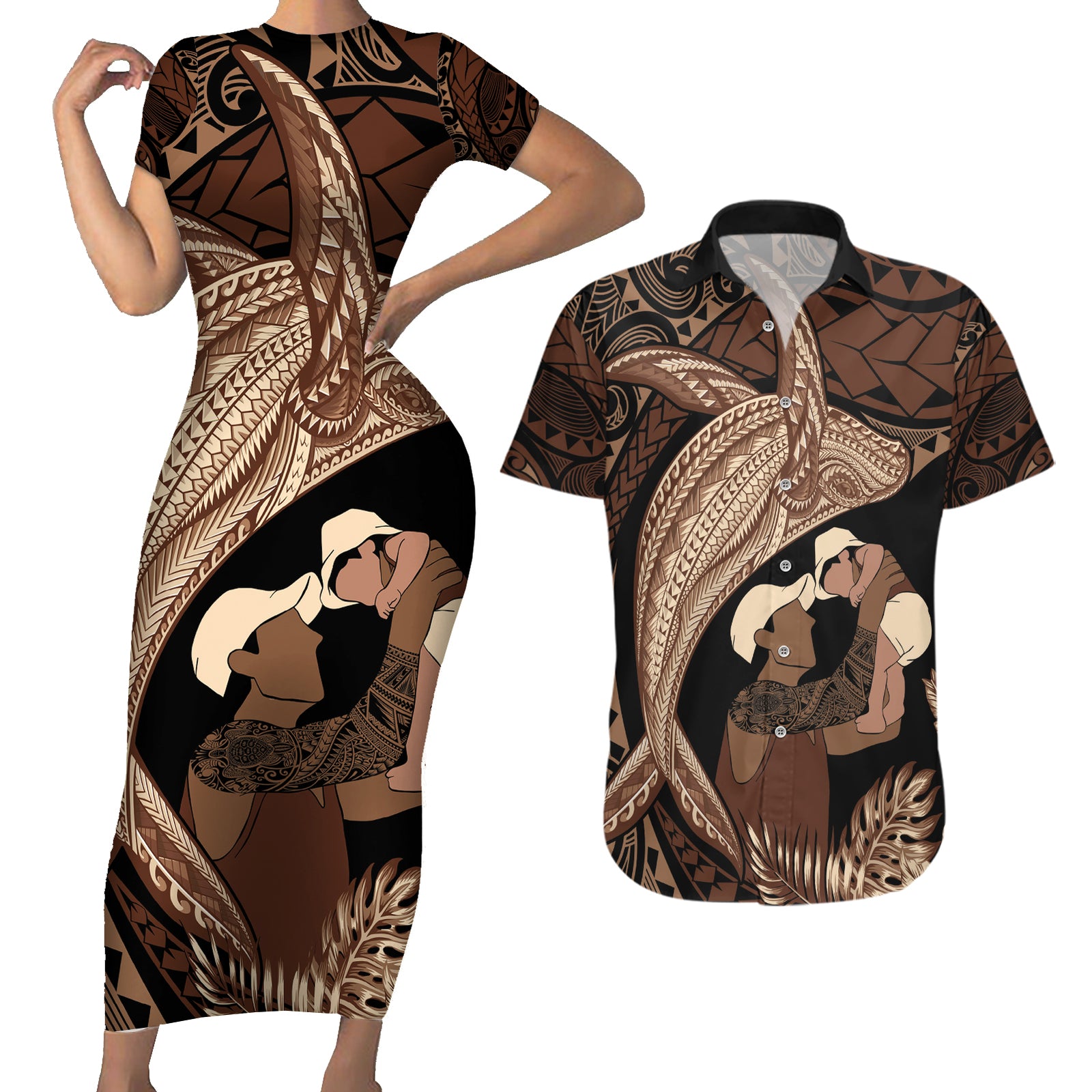 Father's Day Polynesian Pattern Couples Matching Short Sleeve Bodycon Dress and Hawaiian Shirt Tropical Humpback Whale LT7 Brown - Polynesian Pride