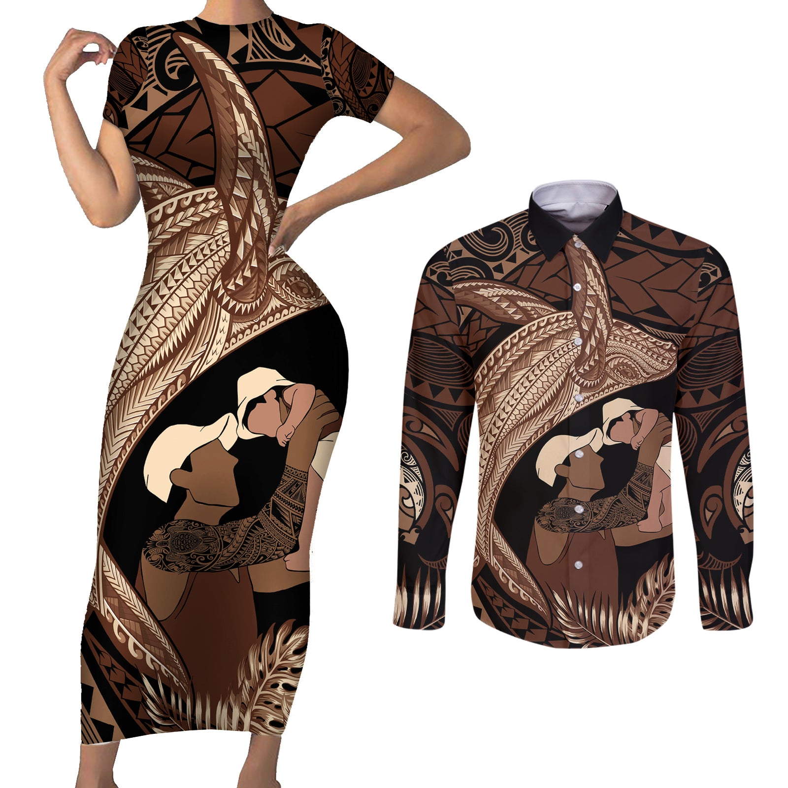 Father's Day Polynesian Pattern Couples Matching Short Sleeve Bodycon Dress and Long Sleeve Button Shirt Tropical Humpback Whale LT7 Brown - Polynesian Pride