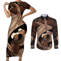 Father's Day Polynesian Pattern Couples Matching Short Sleeve Bodycon Dress and Long Sleeve Button Shirt Tropical Humpback Whale LT7 Brown - Polynesian Pride