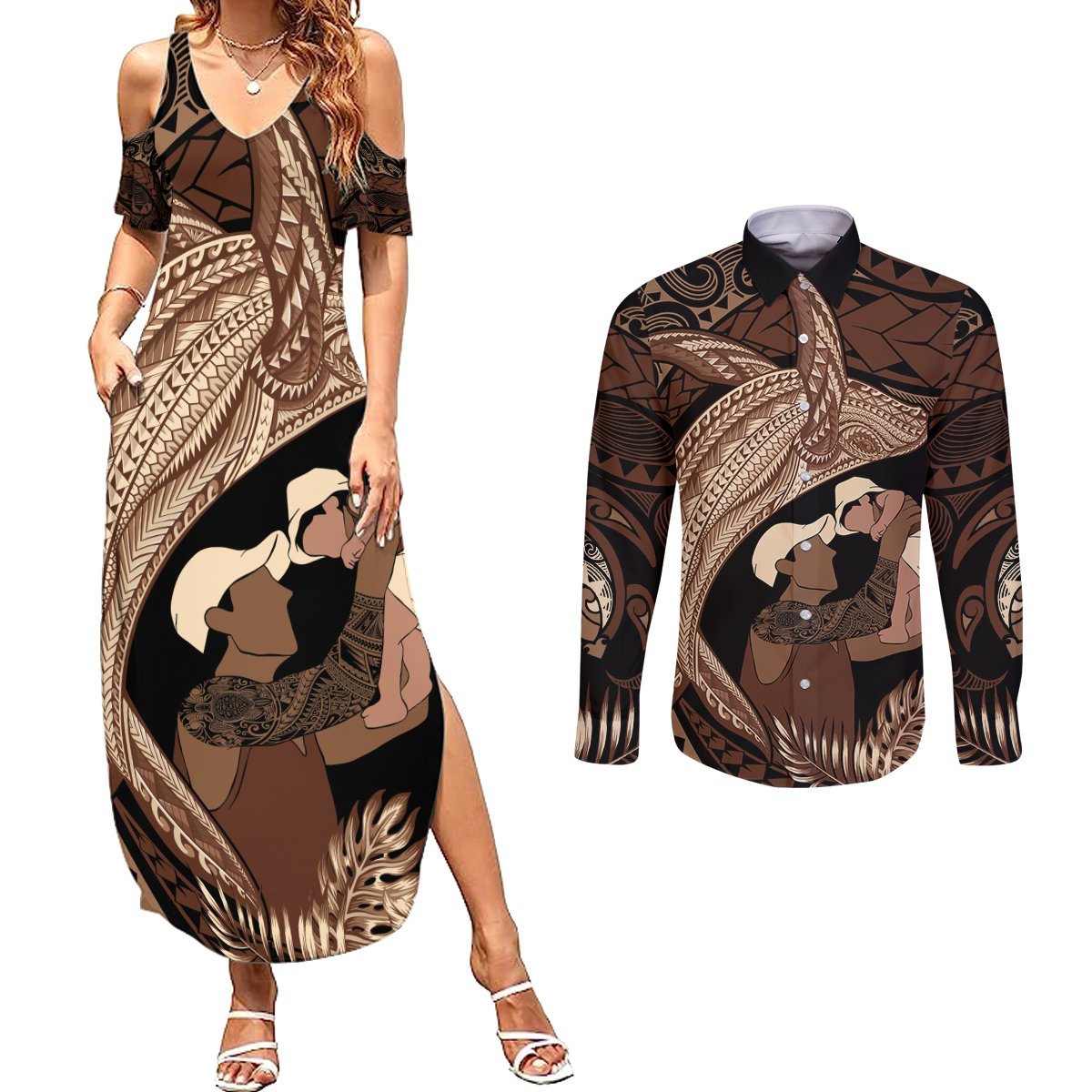 Father's Day Polynesian Pattern Couples Matching Summer Maxi Dress and Long Sleeve Button Shirt Tropical Humpback Whale LT7 Brown - Polynesian Pride