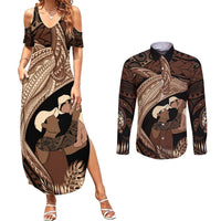 Father's Day Polynesian Pattern Couples Matching Summer Maxi Dress and Long Sleeve Button Shirt Tropical Humpback Whale LT7 Brown - Polynesian Pride