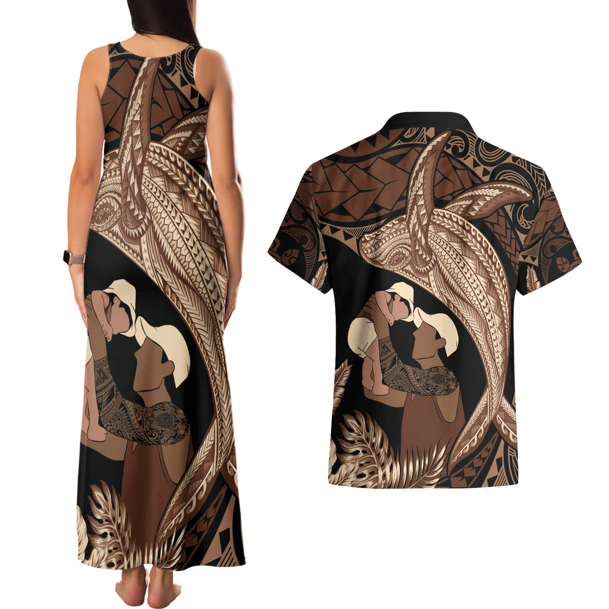 Father's Day Polynesian Pattern Couples Matching Tank Maxi Dress and Hawaiian Shirt Tropical Humpback Whale LT7 - Polynesian Pride