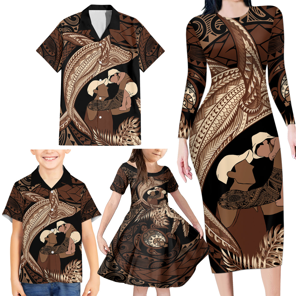 Father's Day Polynesian Pattern Family Matching Long Sleeve Bodycon Dress and Hawaiian Shirt Tropical Humpback Whale