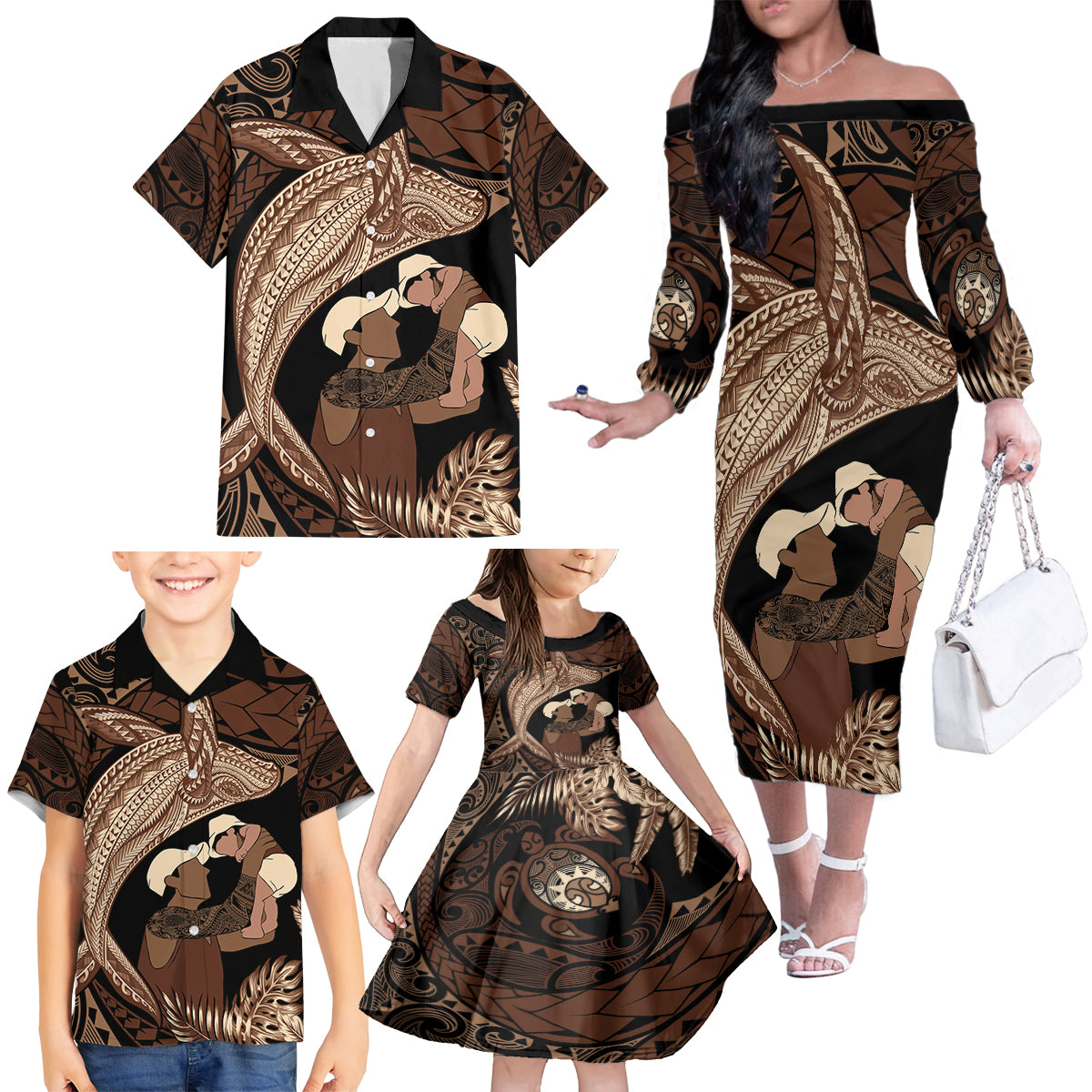 Father's Day Polynesian Pattern Family Matching Off The Shoulder Long Sleeve Dress and Hawaiian Shirt Tropical Humpback Whale