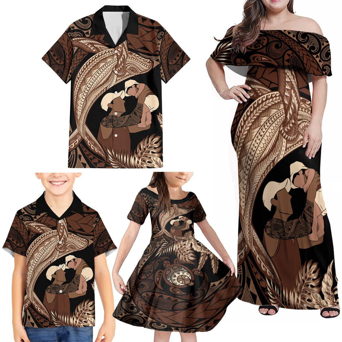 Father's Day Polynesian Pattern Family Matching Off Shoulder Maxi Dress and Hawaiian Shirt Tropical Humpback Whale LT7 - Polynesian Pride