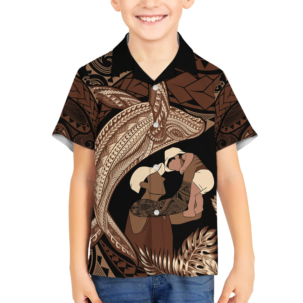 Father's Day Polynesian Pattern Family Matching Off Shoulder Short Dress and Hawaiian Shirt Tropical Humpback Whale LT7 Son's Shirt Brown - Polynesian Pride
