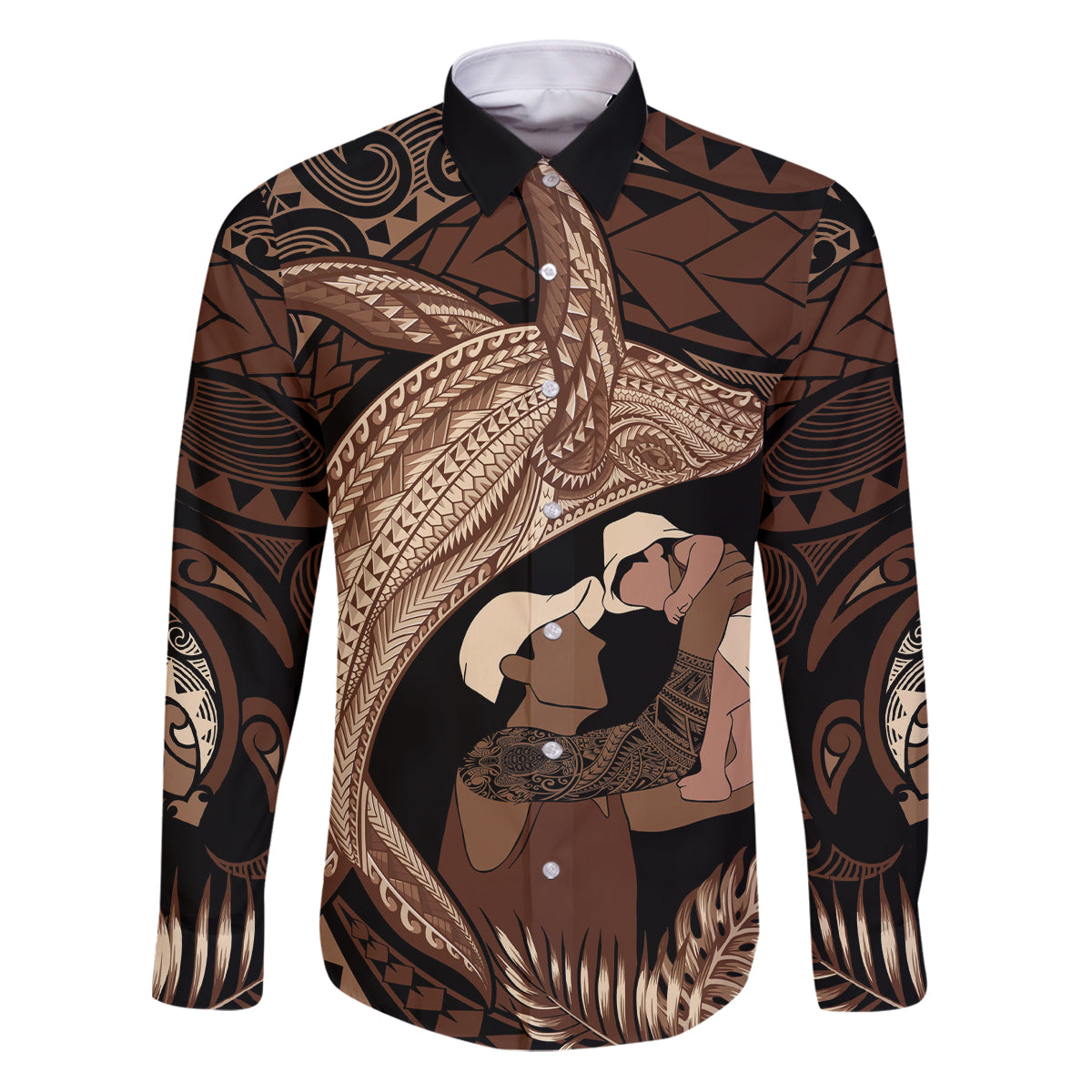 Father's Day Polynesian Pattern Family Matching Puletasi and Hawaiian Shirt Tropical Humpback Whale LT7 Dad's Shirt - Long Sleeve Brown - Polynesian Pride