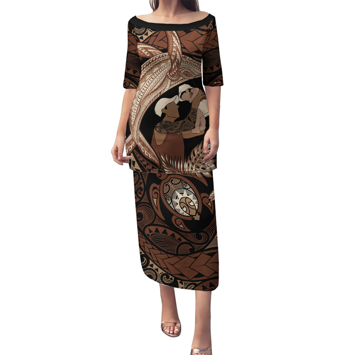 Father's Day Polynesian Pattern Family Matching Puletasi and Hawaiian Shirt Tropical Humpback Whale LT7 Mom's Dress Brown - Polynesian Pride