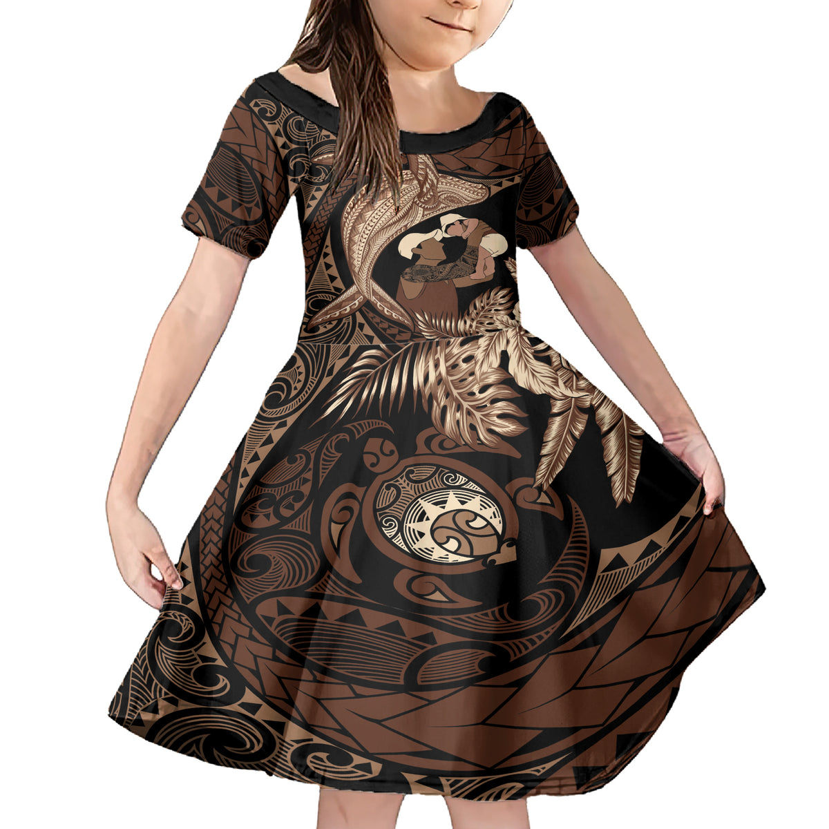 Father's Day Polynesian Pattern Family Matching Short Sleeve Bodycon Dress and Hawaiian Shirt Tropical Humpback Whale LT7 Daughter's Dress Brown - Polynesian Pride