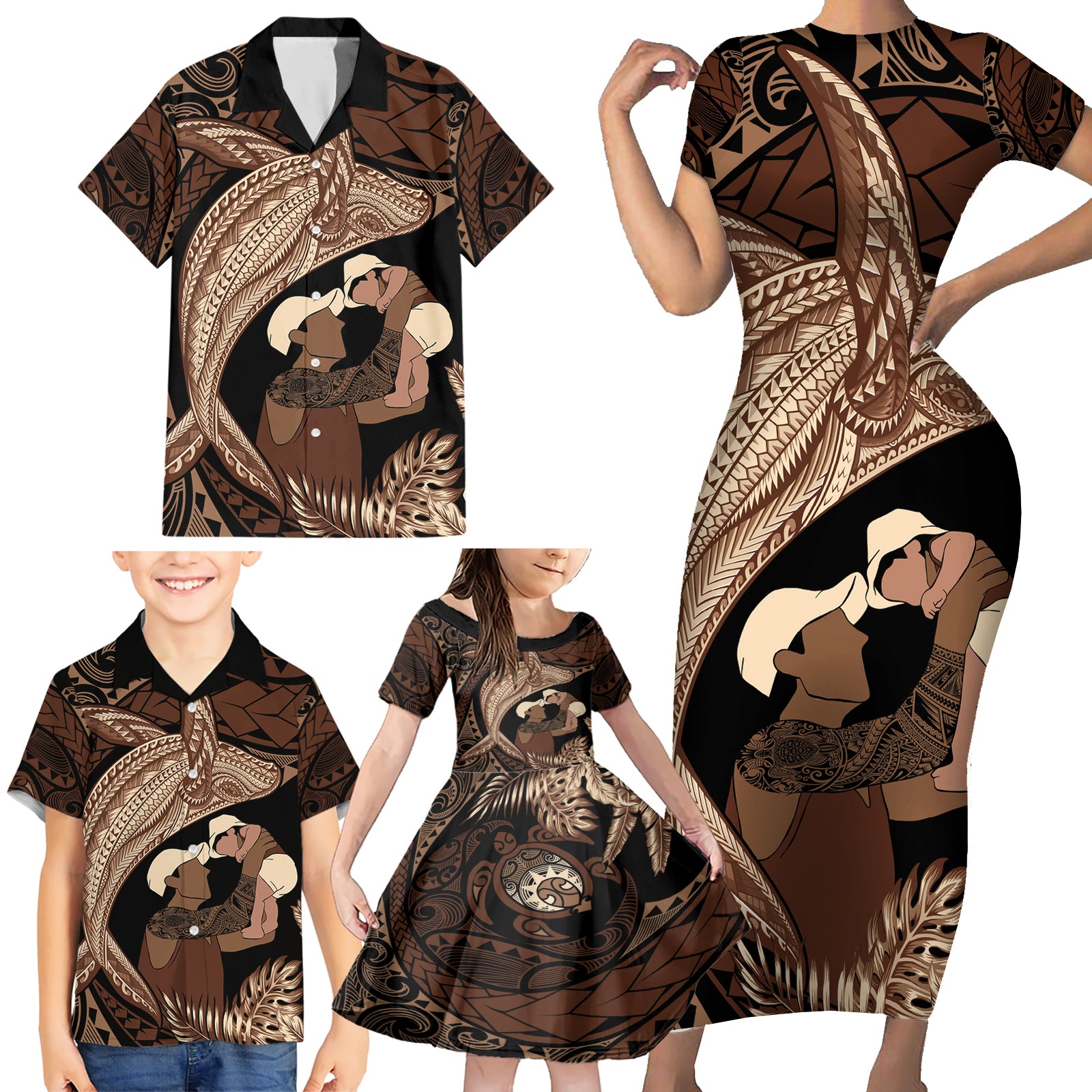 Father's Day Polynesian Pattern Family Matching Short Sleeve Bodycon Dress and Hawaiian Shirt Tropical Humpback Whale LT7 - Polynesian Pride