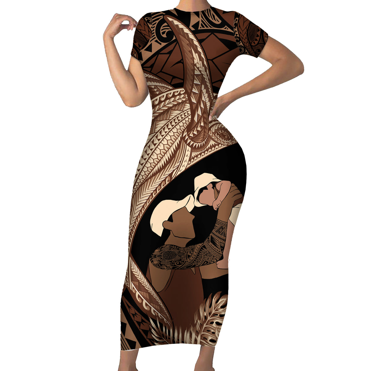 Father's Day Polynesian Pattern Family Matching Short Sleeve Bodycon Dress and Hawaiian Shirt Tropical Humpback Whale LT7 Mom's Dress Brown - Polynesian Pride