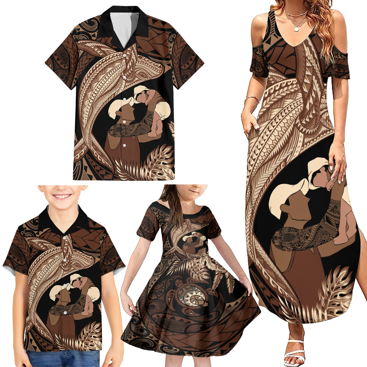 Father's Day Polynesian Pattern Family Matching Summer Maxi Dress and Hawaiian Shirt Tropical Humpback Whale LT7 - Polynesian Pride