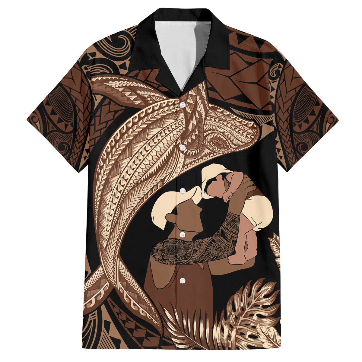 Father's Day Polynesian Pattern Family Matching Tank Maxi Dress and Hawaiian Shirt Tropical Humpback Whale LT7 Dad's Shirt - Short Sleeve Brown - Polynesian Pride