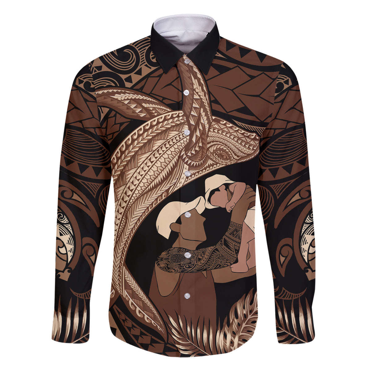 Father's Day Polynesian Pattern Family Matching Tank Maxi Dress and Hawaiian Shirt Tropical Humpback Whale LT7 Dad's Shirt - Long Sleeve Brown - Polynesian Pride