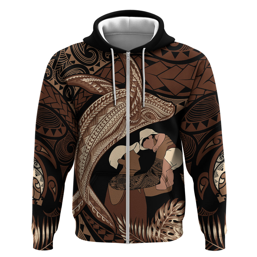 Father's Day Polynesian Pattern Hoodie Tropical Humpback Whale LT7 Zip Hoodie Brown - Polynesian Pride