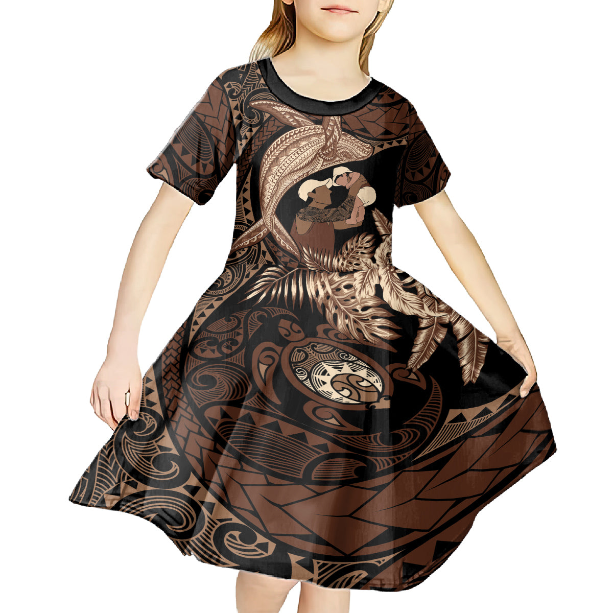 Father's Day Polynesian Pattern Kid Short Sleeve Dress Tropical Humpback Whale LT7 - Polynesian Pride