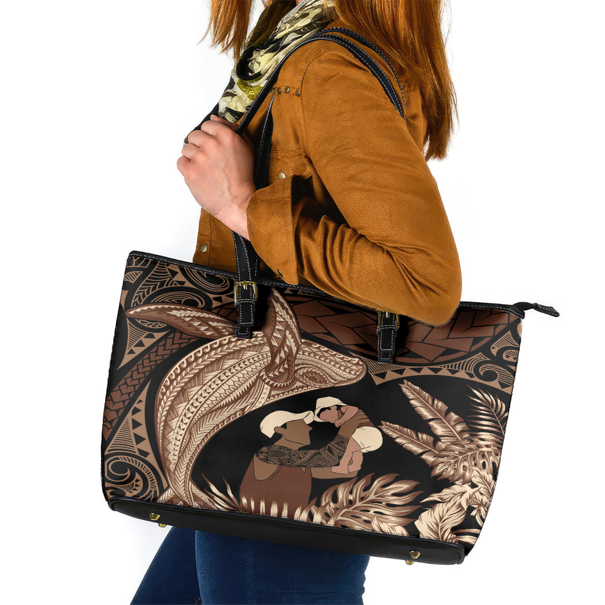 Father's Day Polynesian Pattern Leather Tote Bag Tropical Humpback Whale LT7 Brown - Polynesian Pride