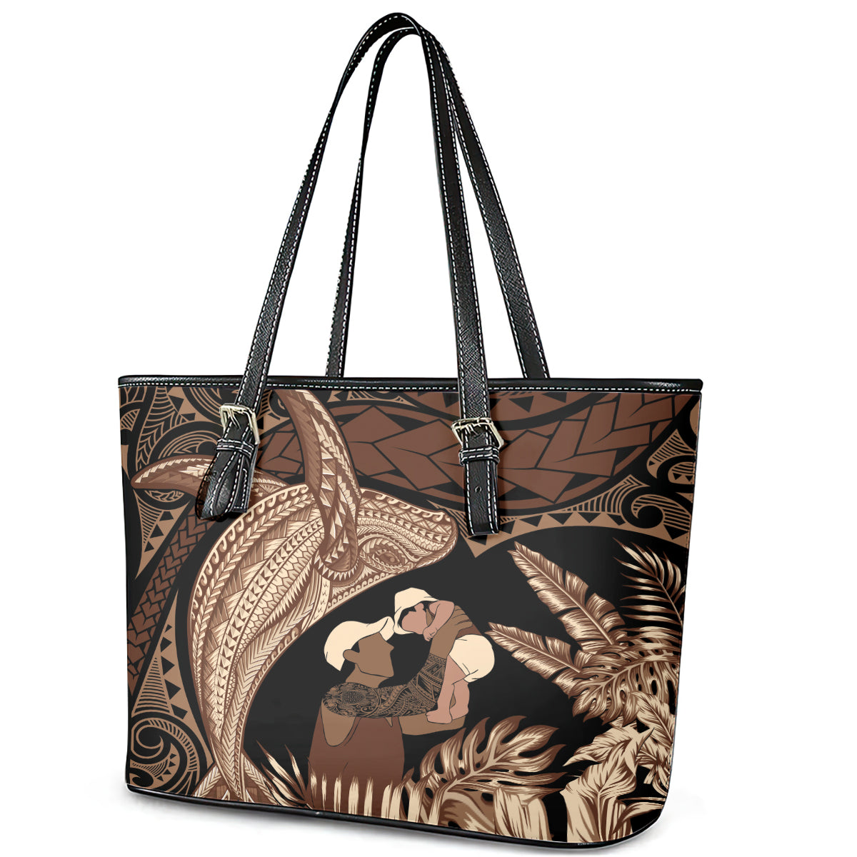 Father's Day Polynesian Pattern Leather Tote Bag Tropical Humpback Whale LT7 - Polynesian Pride