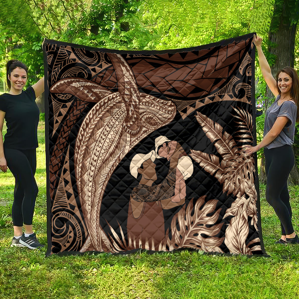 Father's Day Polynesian Pattern Quilt Tropical Humpback Whale