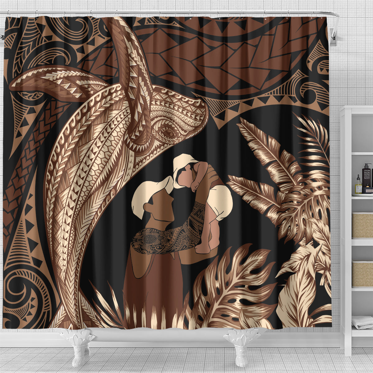 Father's Day Polynesian Pattern Shower Curtain Tropical Humpback Whale