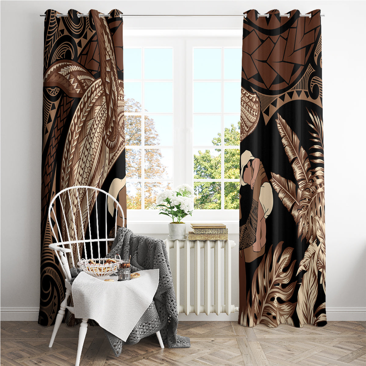 Father's Day Polynesian Pattern Window Curtain Tropical Humpback Whale LT7 - Polynesian Pride