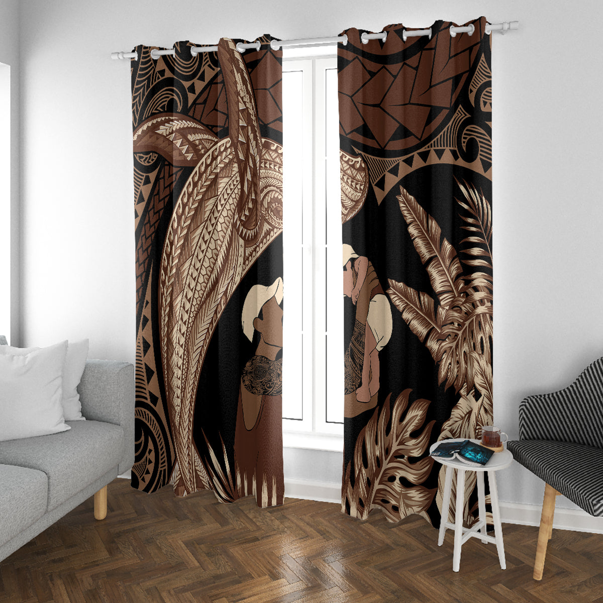 Father's Day Polynesian Pattern Window Curtain Tropical Humpback Whale LT7 With Grommets Brown - Polynesian Pride