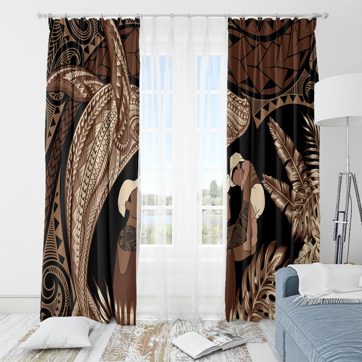 Father's Day Polynesian Pattern Window Curtain Tropical Humpback Whale LT7 - Polynesian Pride