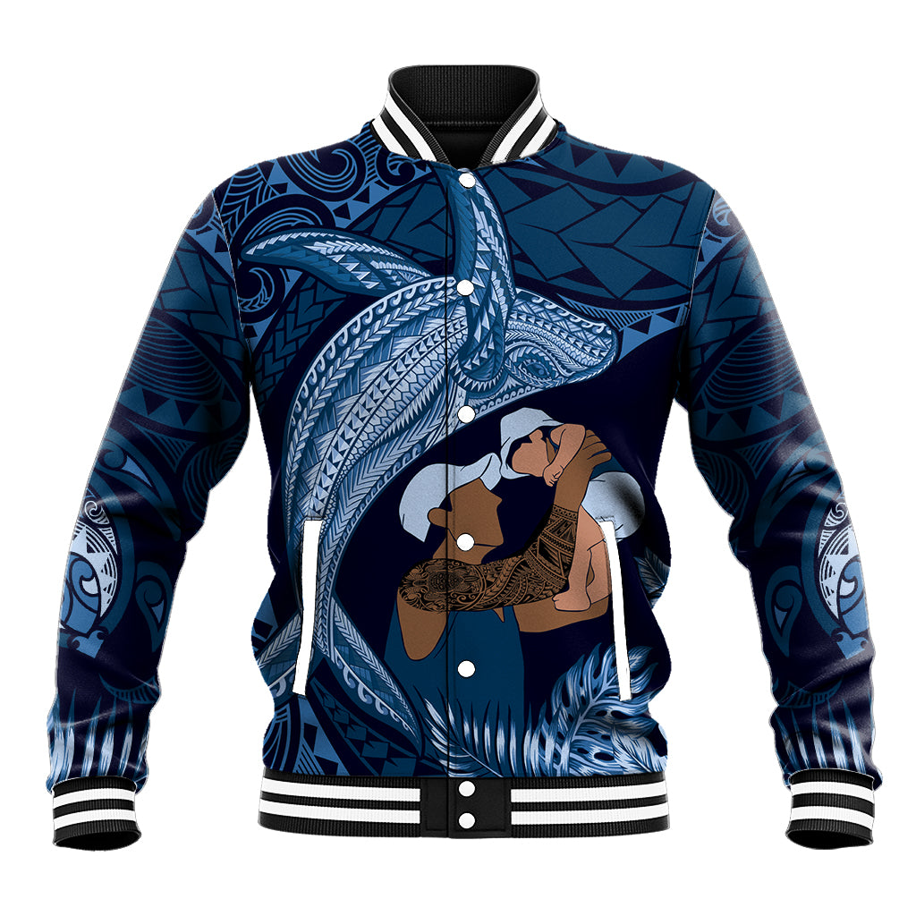 Father's Day Polynesian Pattern Baseball Jacket Tropical Humpback Whale - Navy LT7 Unisex Navy Blue - Polynesian Pride