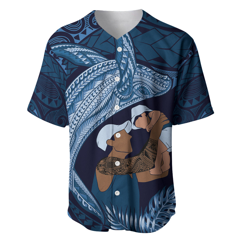 Father's Day Polynesian Pattern Baseball Jersey Tropical Humpback Whale - Navy