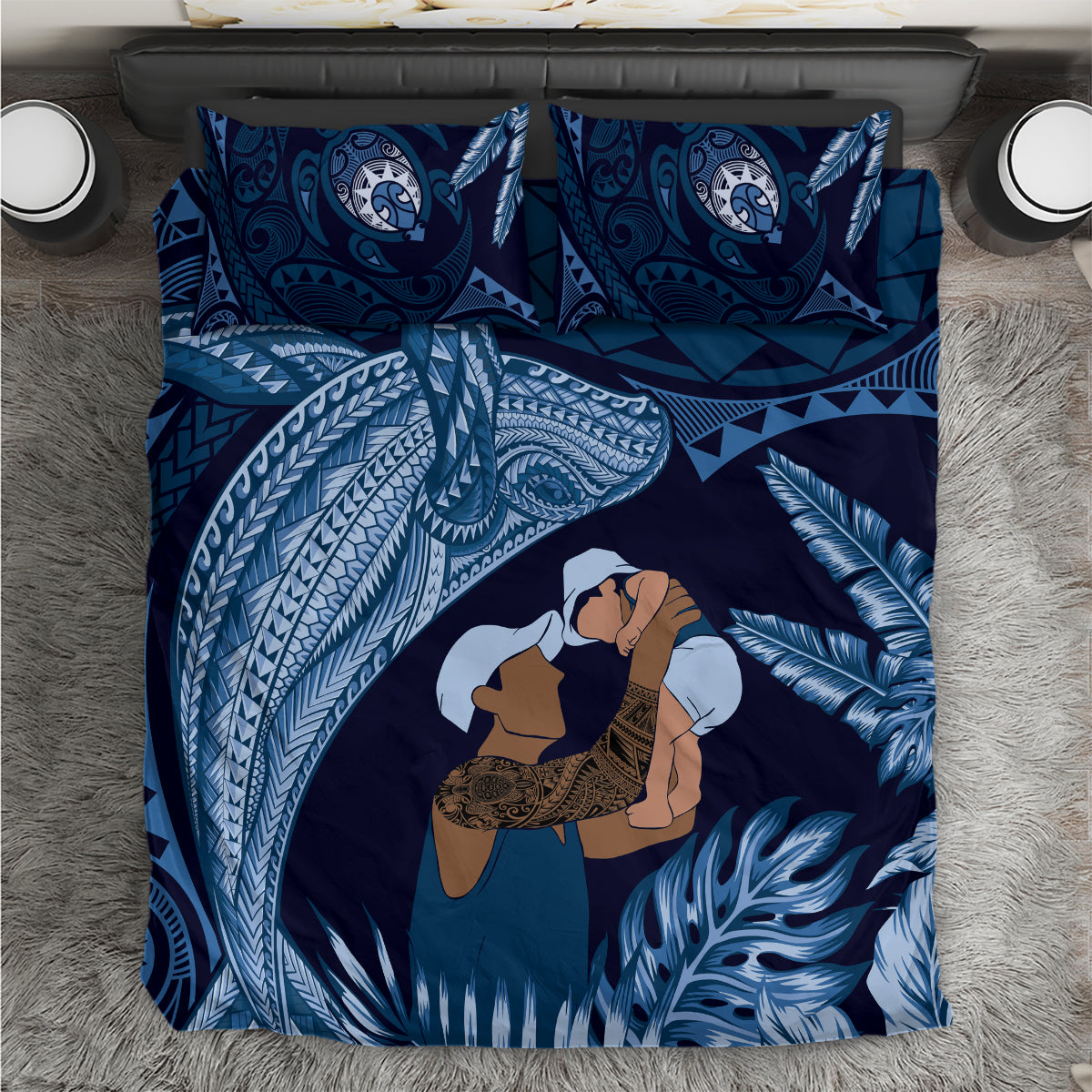 Father's Day Polynesian Pattern Bedding Set Tropical Humpback Whale - Navy LT7 Navy Blue - Polynesian Pride
