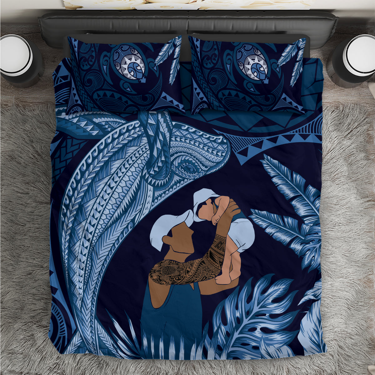 Father's Day Polynesian Pattern Bedding Set Tropical Humpback Whale - Navy