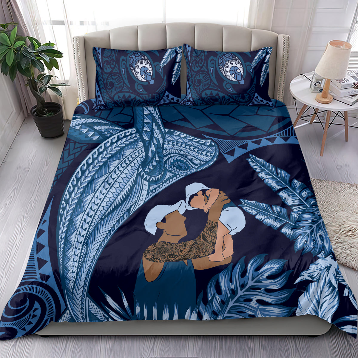Father's Day Polynesian Pattern Bedding Set Tropical Humpback Whale - Navy LT7 - Polynesian Pride