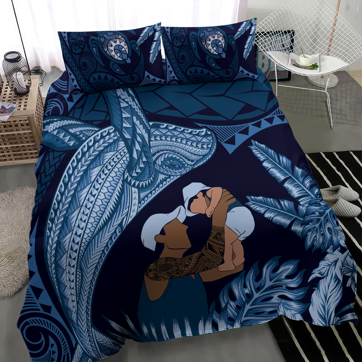 Father's Day Polynesian Pattern Bedding Set Tropical Humpback Whale - Navy LT7 - Polynesian Pride