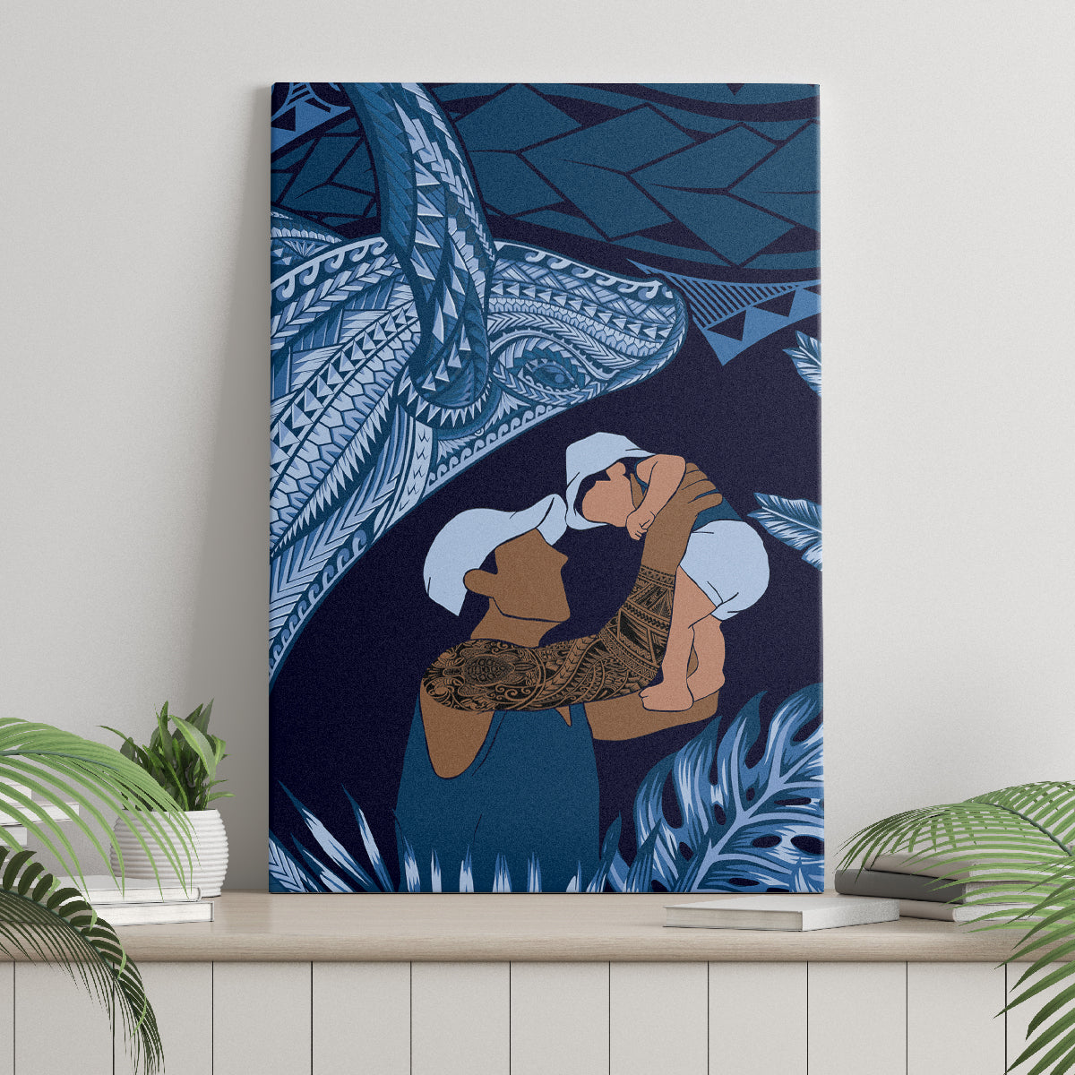 Father's Day Polynesian Pattern Canvas Wall Art Tropical Humpback Whale - Navy LT7 - Polynesian Pride
