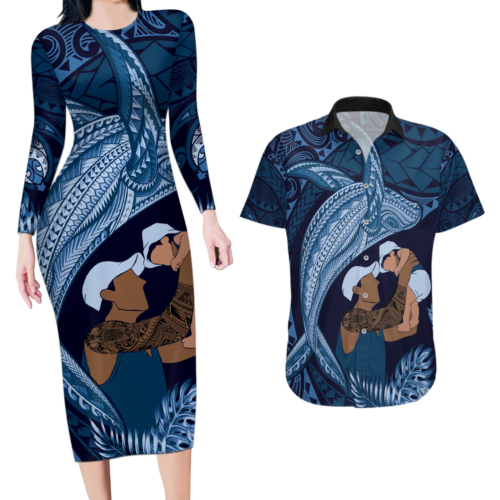 Father's Day Polynesian Pattern Couples Matching Long Sleeve Bodycon Dress and Hawaiian Shirt Tropical Humpback Whale - Navy LT7 Navy Blue - Polynesian Pride